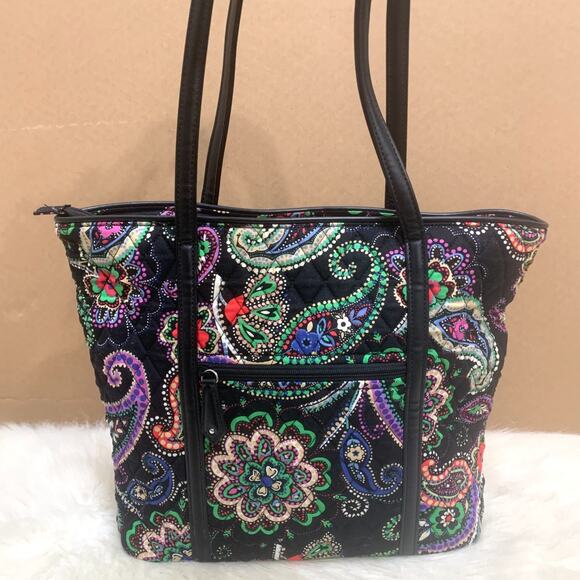 VERA BRADLEY Black Multicolor Paisley KIEV Shopper Shoulder Tote Leather Straps - Picture 6 of 13